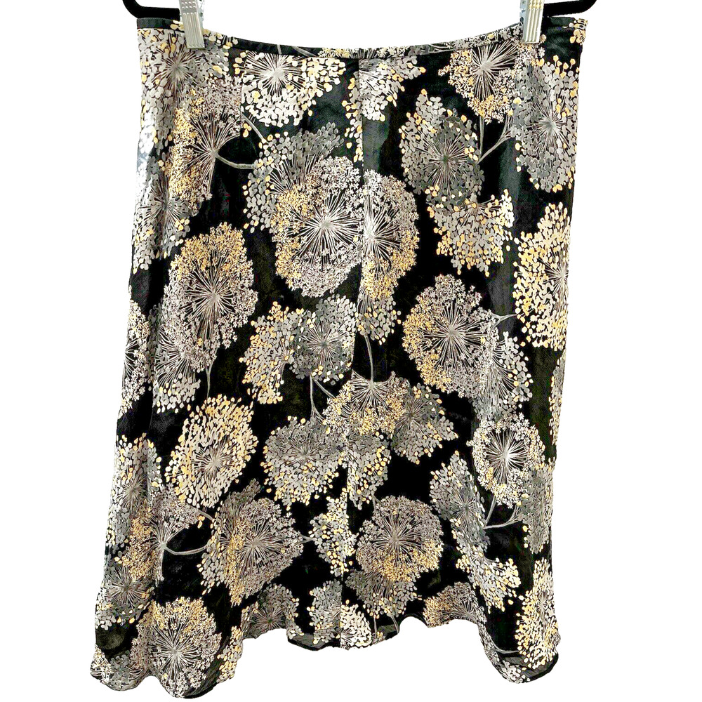Talbots Silk Linen Blend Skirt Black Beige Print SZ 12 A Line Lined Side Zip